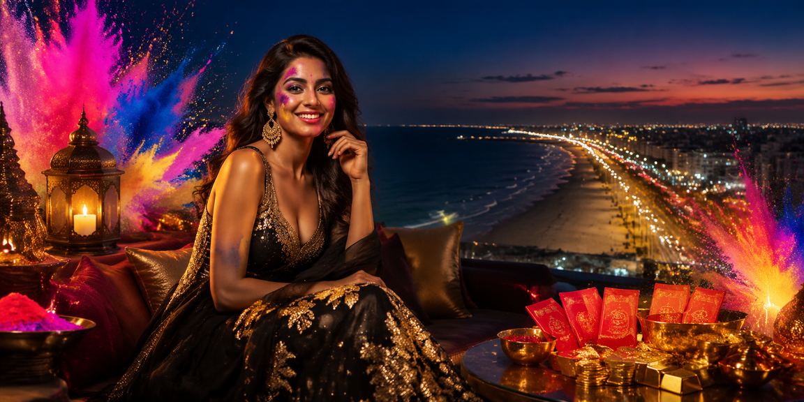 Festive celebration at Chennai Marina Beach with red envelopes and crowd